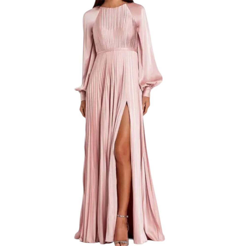 Mac Duggal IEENA Pleated High Neck Raglan Long Sleeves Side Slit Pink Dress 8